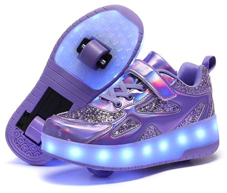 Mateju Kinder Schuhe mit Rollen für Jungen Mädchen 2-in-1 Rollschuhe Versenkbarer Doppelt Rollen Funkelnde Pailletten Outdoor Sportschuhe Roller Schuhe Turnschuhe Skateboardschuhe