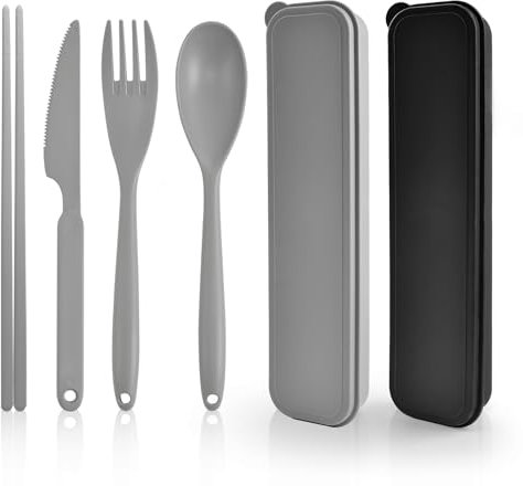 DIYJEP Large Plastic Reusable Cutlery Set with Case, 2 Piece Plastic Travel Chopsticks Fork Spoon Knife Set, Portable Utensils Sets for Lunch Box, Outdoor, Picnic, Travel (Black, Grey)