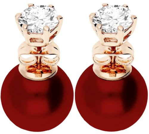 LÖB Ohrstecker Doppel Ohrringe 750er Roségold Vergoldet Zirkonia 6mm Zwei Perlen Rot 10mm, Damen Perlenohrringe Glitzer Stein Front Back Set Rose Gold Schmuck
