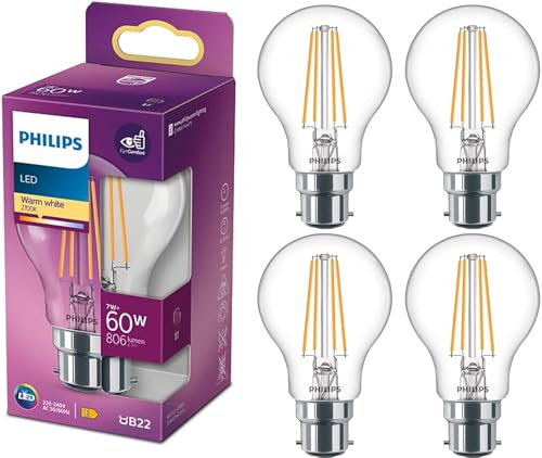 PHILIPS Lampadine LED GLS a filamento trasparente, B22, 806 lumen (equivalente a 60 W), luce bianca calda 2700 K, confezione da 4