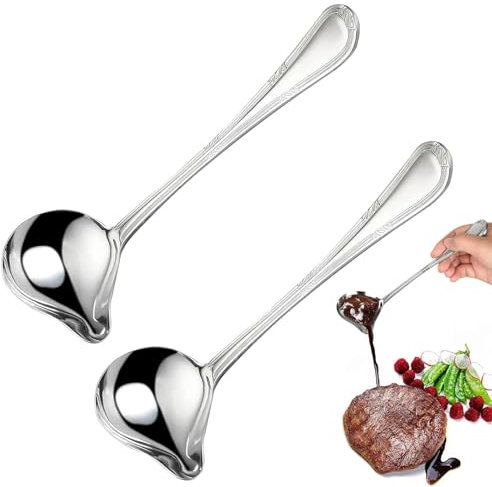 Saucenkelle mit Ausgießer, 2pcs 20cm Silber Saucenlöffel, Edelstahlsauce Nieselregenlöffel, Lange Klein SoßEnlöFfel Aus Edelstahl, Soup Sauce Spoons, für Dressings Suppensoßen Bratensoßen