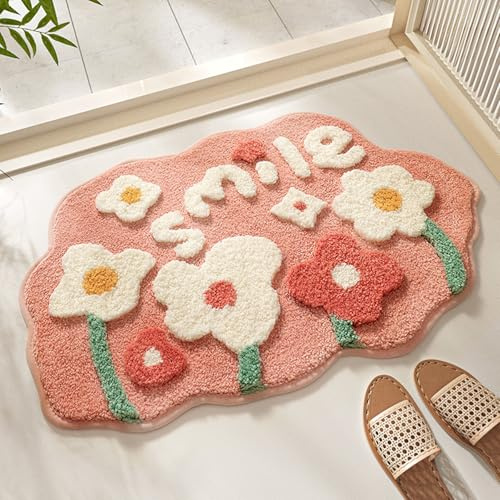 Trlyane Badematte Blumen 45 x 70 cm, Badezimmerteppich Waschbar, Lächeln | Weicher Badezimmerteppich aus Mikrofaser, Saugfähig und Rutschfest, als Badematte für Bad, Dusche und Kinderzimmer