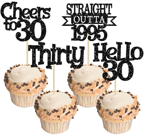 Ephlyn 24Pcs Happy 30th Birthday Cupcake Toppers Glitter Thirty Cupcake Picks Hello 30 Cheers to 30 Years Cake Decorations for 30th Birthday Anniversary Party Decorations Supplies Black