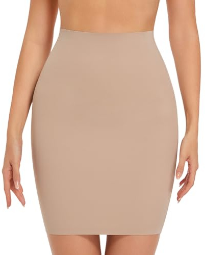 ONEW Bauchweg Shapewear Unterrock Damen Nahtlose Hoch Taillen Halbrock Taillentrainer Miederrock Body Shaper Shaping Half Slip Beige L