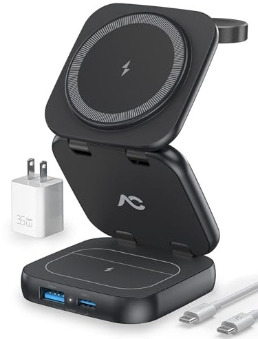 AC Island 5 in 1 Wireless Charging Station, Foldable Mag-Safe Charger Stand, Travel Wireless Charger for iPhone 17 Pro/16/15/14/13/12 Series, Apple Watch S11-1/Ultra, for Airpods Pro 3 (Black)