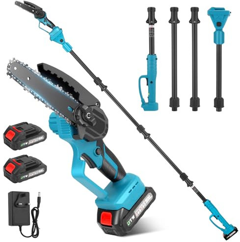 2 in 1 Cordless Pole Saw and Mini Chainsaw, 6-inch Pole Saw Long Reach Chainsaw with 4 Sections Extension Pole, 2 x 21V 1500mAh Battery, 90inch /7.55Ft Max Reach for Garden Yard Tree Pruning