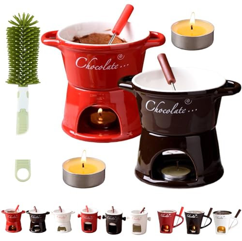 Vgpbphj Fondue Cup, Mini Ceramic Chocolate Melting Pot Set with Forks, Individual Fondue Mug, Personal Butter Warmer, Gift Set for Birthdays & Special Occasions (A-Mix3)