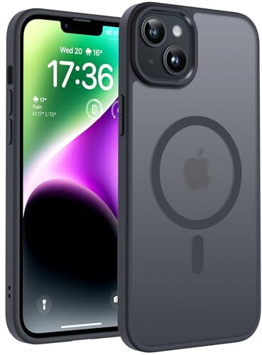 TOCOL für iPhone 14 Plus Hülle, Kompatibel mit MagSafe, Matt Schwarz | Starke Haftkraft Magnetring, Kameraschutz mit erhöhten Rändern, Militärschutz Stoßfest Kratzfest, Durchscheinend Rückseite