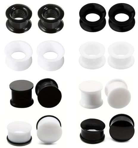 APMGONT 8 Paires Ear Tunnel Plugs Silicone/Acrylic Flesh Ear Stretchers Plugs Black/White Ears Gauges Plug 6/8/10/12/14/16mm Soft Double Flared Flexible Tunnel (Black&White, 10mm)
