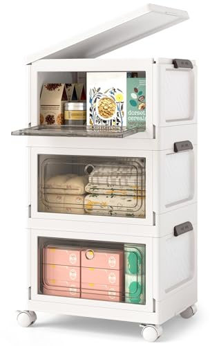 COSTWAY Aufbewahrungsbox mit Deckel faltbar, 75 L Boxen Aufbewahrung, 3er Set Kunststoffbox stapelbar, Aufbewahrungsbehälter mit Rollen & Türen, Stapelboxen Kunststoff, 41 x 31,5 x 72,5 cm, Weiß