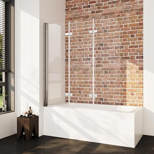 WDWRITTI Duschwand für Badewanne 140x140cm 3-Teilig Faltwand, Faltbar Duschabtrennung mit 6mm NANO ESG Sicherheitsglas, 180° Badewannenfaltwand aus Silber Alu