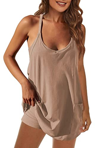 2025 - Vestido para mujer con pantalones cortos, tirantes delgados, camisetas sin mangas con bolsillos, trajes casuales de verano de 2 piezas, traje de mojado, pantalones cortos para mujer, café, M
