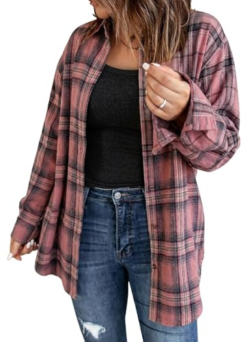 Fisoew Blusas a cuadros de manga larga para mujer Chaquetas casuales de manga larga