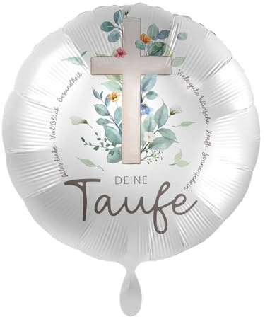 Folienballon Taufe Deine Taufe – Taufballon mit Kreuz | Deko und Geschenk zur Taufe für Jungen & Mädchen – Kreuz, Eukalyptus & gute Wünsche, Luft/Helium, Made in EU