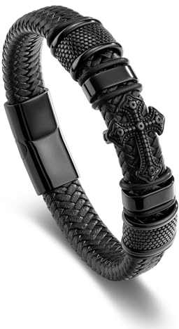 Zysta Lederarmband Herren Kreuz Armband geflochten Echtleder Breites Wickelarmband mit Magnet Verschluss - Geschenk für Männer