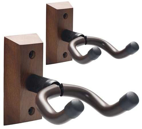 QinyOulhause Lot de 2 Support Mural Guitare en Bois Dur de Noyer Noir - Accroche Guitare Mural Universel avec Crochet Rembourré pour Électrique, Basse et Acoustique
