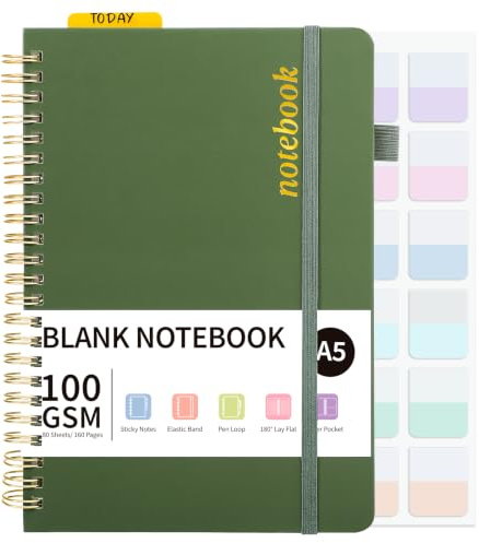 Thboxes A5 Squared Notebook, 160 Pages, 100Gsm, Green | Hard Cover, Spiral Bound, 2 Pockets, 24 Labels, Removable Ruler, Grid Paper For Office, School And Notes