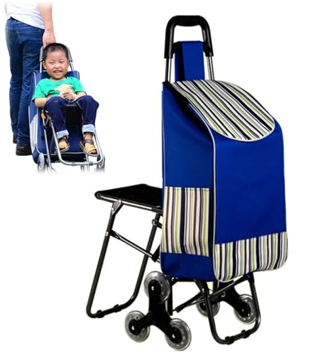 Carrello per la spesa con sedile, carrello per la spesa pieghevole su ruote, portatile, leggero, pieghevole, 6 ruote, per salire le scale, carrelli per la spesa con impermeabile, per lo shopping