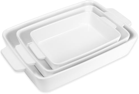 3-teilig Auflaufformen Set, Rechteckige Gratinform Keramik mit Griffen, Ofenfeste Lasagneform Weiß für Braten & Auflauf, Servierschale Backform 24/31/40 cm, Spülmaschinenfest