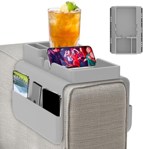 JEJUWE Sofa Arm Tray with Cup Holder - Silicone Armchair Caddy with Anti-Slip Base & Storage Pockets, Couch Armrest Organiser for Drinks Remotes Snacks, Settee Tray for Living Room (Grey)