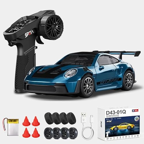 1:43 RC Drift Car, 2.4G Full Proportional 4WD Alloy 20KM/H High Speed RC Racing Car with Gyro, Silent Bearings, Adjustable Speed & Lighting(Q4/Dark Blue/D43-01)