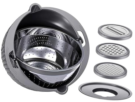 LeeQinersw Juego de Colador Y Tazón Cesta de Lavado Escurridor Giratorio Rallador Y Rebanador Multifuncional con 3 Accesorios para Limpiar Frutas Verduras Y, Gris Oscuro, tal como se describe