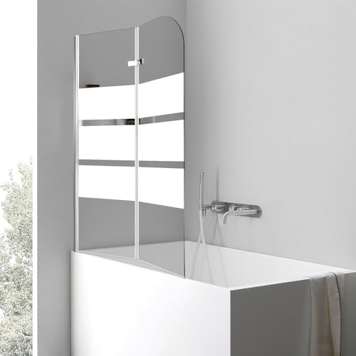 Peviasot Paroi de douche pour baignoire 100 x 140 cm, en 2 parties, pliable, en verre de sécurité ESG de 6 mm, avec bandes blanches, protection anti-éclaboussures peu encombrante pour salle de bain