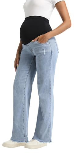 Gowjog Vaqueros Premamá de Pierna Ancha Dobladillo Crudo | Pantalones Premamá para Mujer, Embarazada, Cintura Alta, Elásticos, Con Bolsillos, Maternidad, Trabajo, Informales