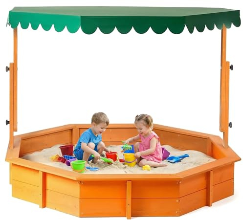 Skemic Toddler Sandbox with Cover Wooden Sand Box with Canopy & Adjustable Lid, Octagon Backyard Playhouse for Outdoor Garden,Children Ages 3-9 Years