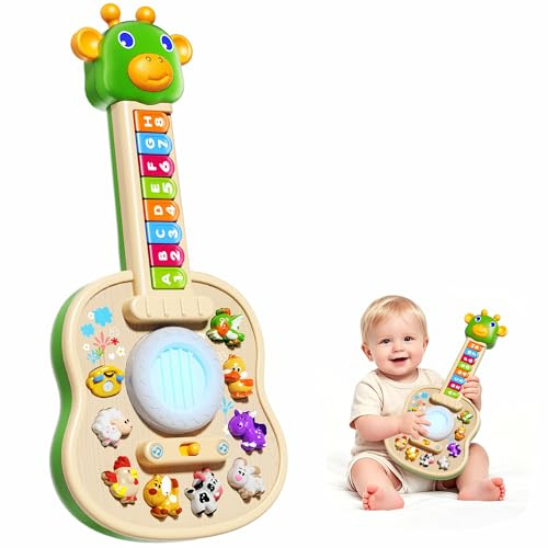 Guitare Enfant Jouet Bébé 1 an,Piano Bébé avec Lumières LED et Sons d'animaux,Jouet Montessori 1 2 3 Ans,Instrument de Musique Enfant,Jouets d'Éveil Cadeau Garçon 1-3 Ans