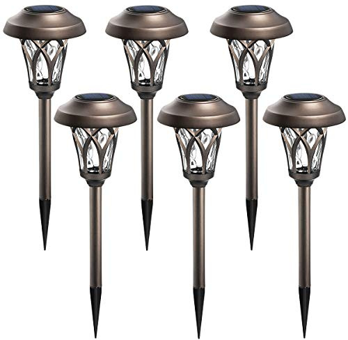 GIGALUMI 6 Pack Solar Pathway Lights Outdoor, Metal Glass & ABS Solar Landscape Lights Waterproof IP65, Warm White Solar Powered Garden Lights for Yard Patio Walkway Driveway (Brown)