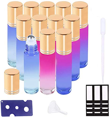 SUXNOS Ätherische Öle Roller Flaschen Multicolor Glasflaschen Edelstahl Roller Bällen 10ml mit für aromaöl und duftöl nachfüllbares 12 Stück （Trichter, Öffner, Etiketten, Plastik-Pipetten）