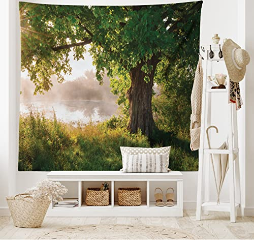 ABAKUHAUS Baum Wandteppich und Tagesdecke, Stream Mystic Foggy Szene aus Weiches Mikrofaser Stoff Waschbar ohne Verblassen Digitaldruck, 230 x 140 cm,Braun Grün Sand