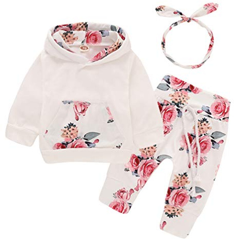EDOTON Outfits Suit Neonato Bambina Manica Lunghe Cappuccio Vestiti Cappotto Floreale Top Felpa & Pantaloni Due Pezzi Suit (18-24 Mesi, Fiore) taglia del produttore 100
