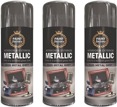 3 x 400ml Metallic Gun Metal Grey Spray Paint Interior & Exterior Spray Brilliant Gloss Finish Quick Drying