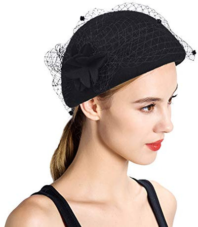 YEKEYI Damen Winter Wolle Baskenmütze mit Schleier Beanie Cap für Damen Mädchen Gr. Einheitsgröße, Schwarz
