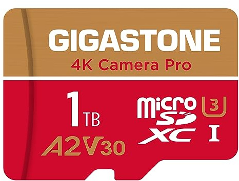 Gigastone 5 års gratis dataåterställning] 4K-kamera Pro 1 TB MicroSDXC-minneskort och SD-adapter, kompatibel med GoPro drönningsswitch, blixtblåsiga 100 MB/s, A2 U3 V30 Micro SD-kort