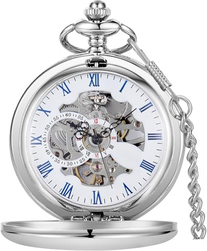 Tiong Vintage Smooth Steel Skeleton Stylish Silver Full Hunter Mechanical Pocket Watch with Chain for Men Women