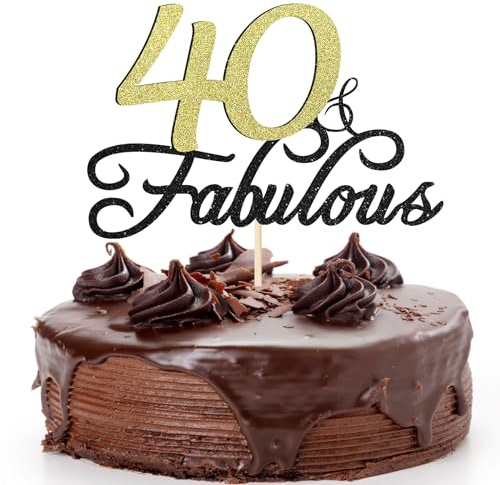40 & Fabulous Birthday Cake Topper Black Gold Glitter Cheers to 40 Cake Decorations for Happy 40th Birthday Anniversary Party Supplies