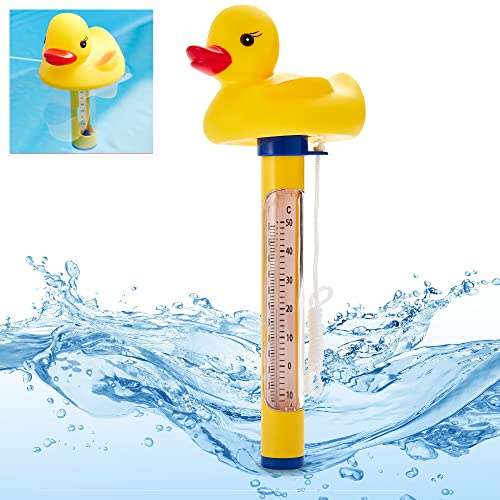 HECHT Pool Thermometer Ente – schwimmendes Wasserthermometer | Zum Messen der Wassertemperatur in Pool, Badewanne, Schwimmbad & Teich – mit Schnur für Innen & Außen