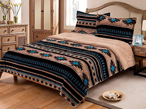 Linen Mart Southwest Aztec Sherpa Borrego Fleece Blanket - 3 Piece Set (Tan, King)