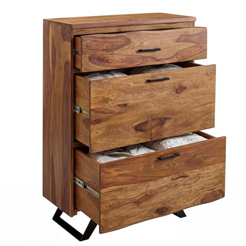 FineBuy Kommode 80x41,5x120 cm Sheesham Massivholz Baumkante | Highboard Industrial mit Metallgestell und 3 Schubladen, Flurkommode aus Echtholz, handgefertigt
