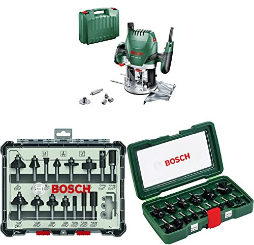 Bosch Oberfräse POF 1400 ACE (1400 W; für Holzbearbeitung; 3x Spannzange; im Koffer) + 15tlg. Fräser Set Mixed + 15tlg. Hartmetall Fräser Set (für Holz, Ø-Schaft 8 mm, Zubehör)