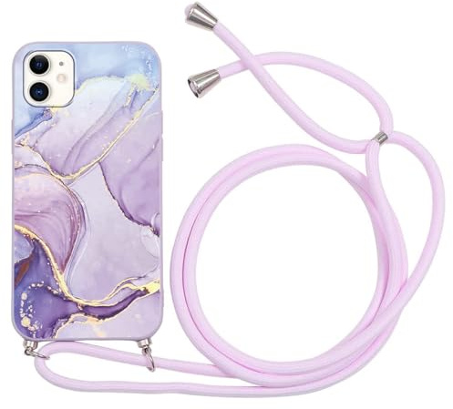 ZhuoFan Handykette für iPhone 12 Mini Hülle mit Band, Aesthetic Marmor Muster Verstellbarer Halskette Handyhülle mit Kordel zum umhängen, Violett Silikon Stoßfest Schutzhülle mit Kette, Marble