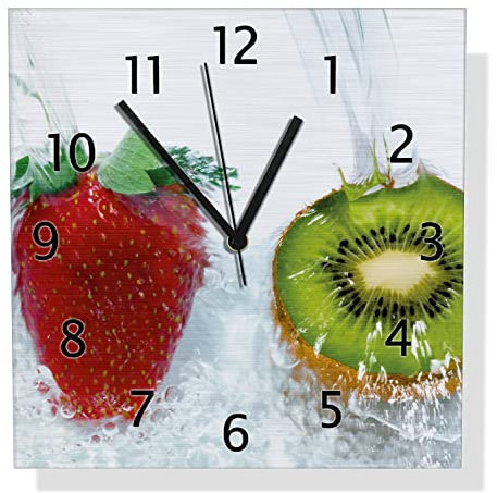 Wallario Design Wanduhr Frische Früchte übergossen mit Wasser II aus Aluverbund, Alu-Uhr Größe 30 x 30 cm, Schwarze Zeiger mit Metalloptik