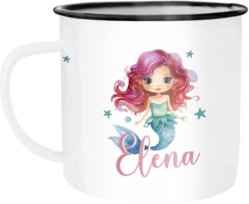 SpecialMe® Kinder-Tasse Emaille personalisiert mit Namen Meerjungfrau Marmaid individuelle Geschenke für Mädchen Emaille-weiss-schwarz standard