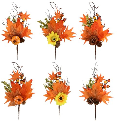 6 Piezas de Hojas de arce Artificiales Ramas de Bayas Decoraciones de Otoño con Calabaza Girasol Piñas para Acción de Gracias Festival de la Cosecha Interior Exterior Adornos para el Hogar (Estilo B)