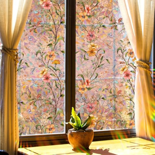 Viusneun Fenstersticker, Rosa Blumen Fensterbilder, Statisch Haftend Sichtschutzfolie Fenster Bunt Frühling Sommer Glas Deko für Schlafzimmer, Badezimmer, Kinderzimmer, Raumdekor (45 * 100cm)