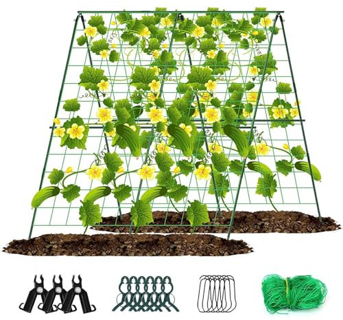 Gurke Rankhilfe Set, Gurken Klettergitter, A-Rahmen Gitter Für Gemüse, Pflanzenhalter mit Gartennetz & Clips, Faltbares Garten Klettergitter, Pflanzenstütze Für Nutzpflanzen, 48 X 48 Zoll