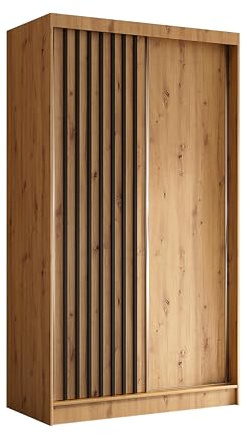 Margaret Hadas24 Kleiderschrank Erika mit Lamellen ohne Spiegel, Organizer, Mehrzweckschrank, Schwebetürenschrank, Garderobenschrank, Kleiderstange, Kleiderständer, Flurschrank, 120 cm, braun, schwarz